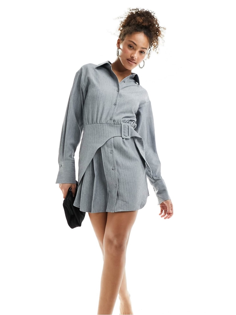 NWT ASOS Design Gray Pinstripe Shirt Mini Dress with Belted Waist